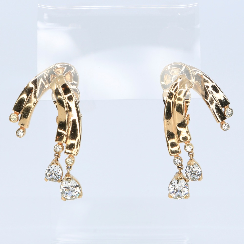 Vintage Joseph Mazer Gold Tone Rhinestone Teardrop Paddle Clip On Earrings 1940s